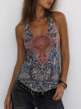 Boho Ginger G Paisley Early 2000s Racerback Tank - Coral & Blue